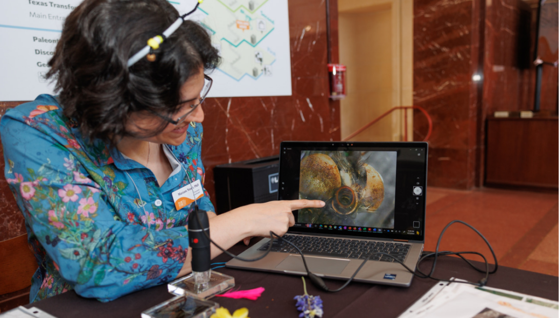 Museum employee points out something in a slideshow