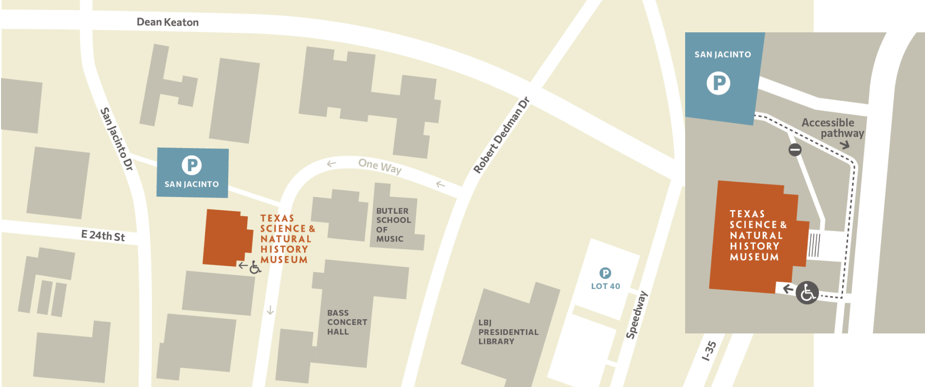 Map of area around museum showing streets, nearby buildings and parking options