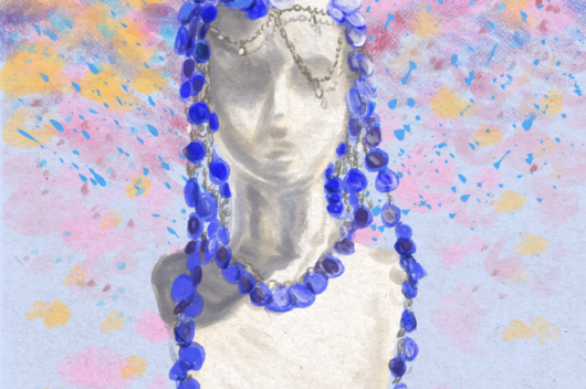 Artwork depicting sequins draped over bust