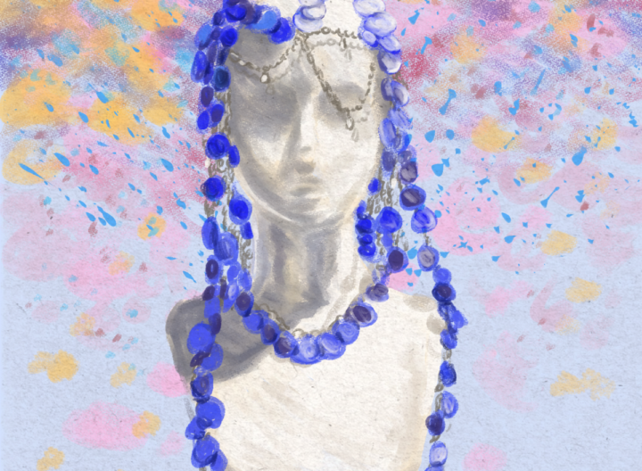 Artwork depicting sequins draped over bust