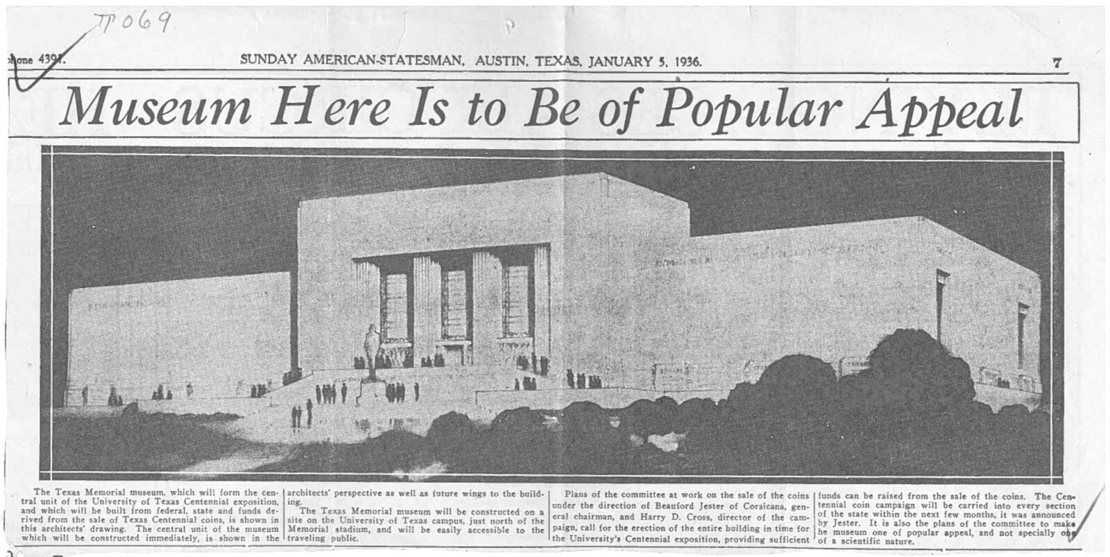 Clipped Austin American Statesman article from January 5, 1936 titled 