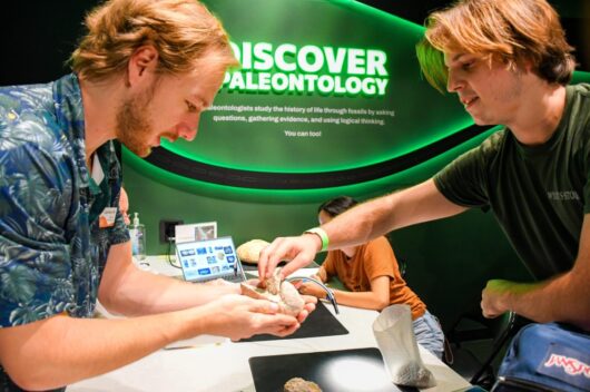Visitor talking to paleontologist at Texas Science & Natural History Museum